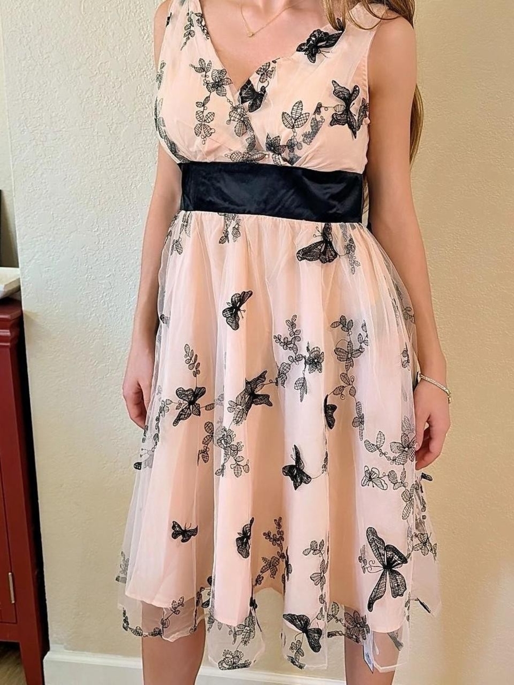 Women's Pink Embroidered Butterfly Fit-and-Flare Dress with Black Waistband